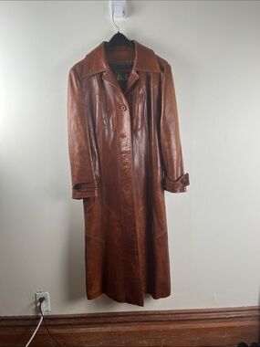 Skin Gear Vintage Long Brown Leather Tranche Coat